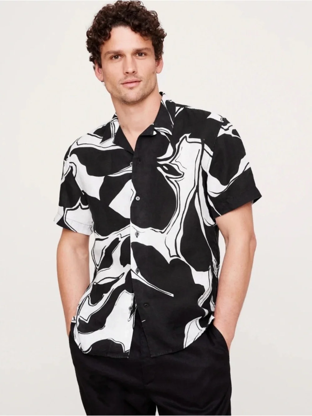NWT Banana Republic Standard Fit Linen Resort Black Floral Shirt Sz L